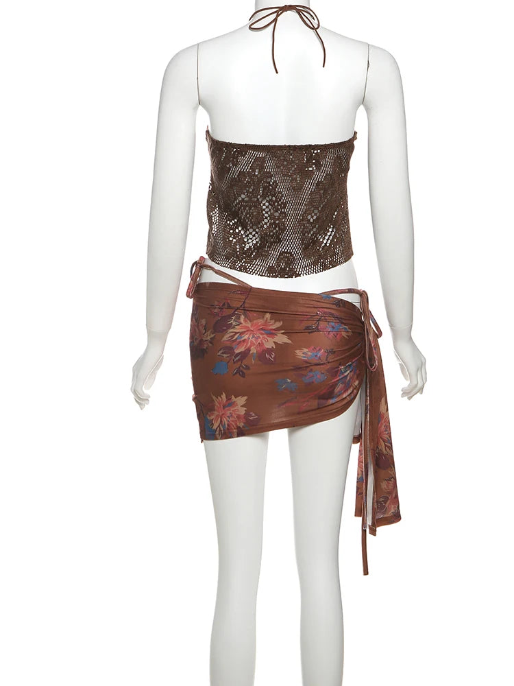 Aiertu  -  Fashion 3 Piece Set Women Flower Print Mesh Patchwork Camisole+Lace-up Briefs+Ruched Knot Skirts Beach Style Outfits Aiertu