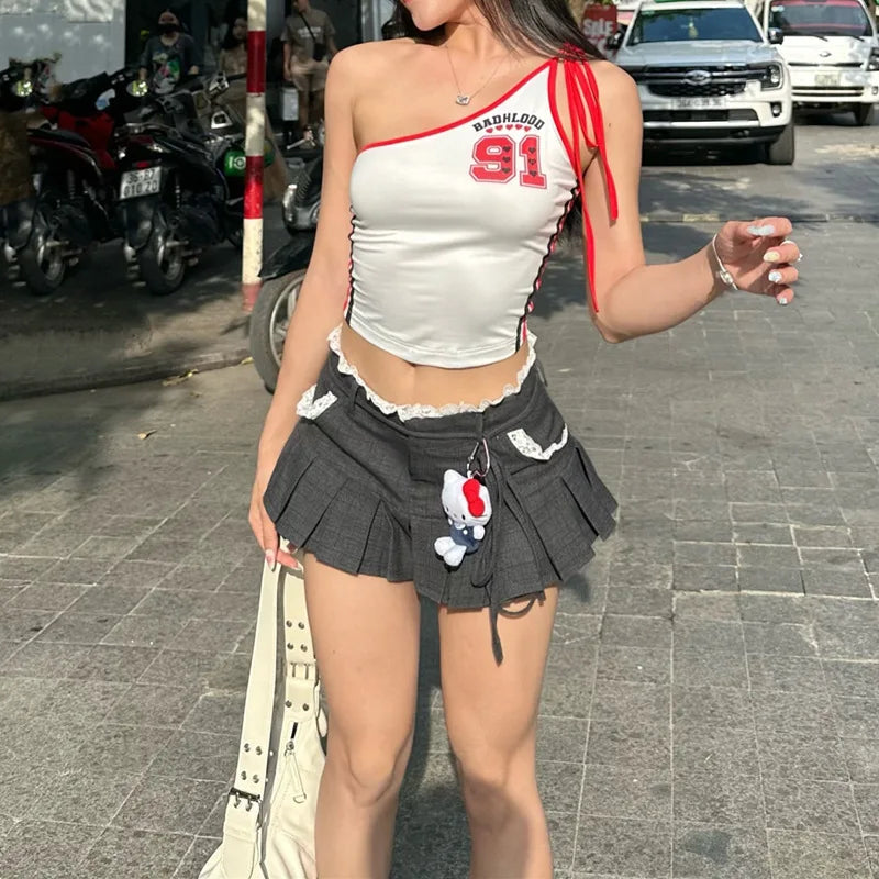 Aiertu  -  Lace Trim Low Waist Pleated Skirt Women Y2k Cutecore A-line Mini Skirts Kawaii Girls P33-DZ19 Aiertu
