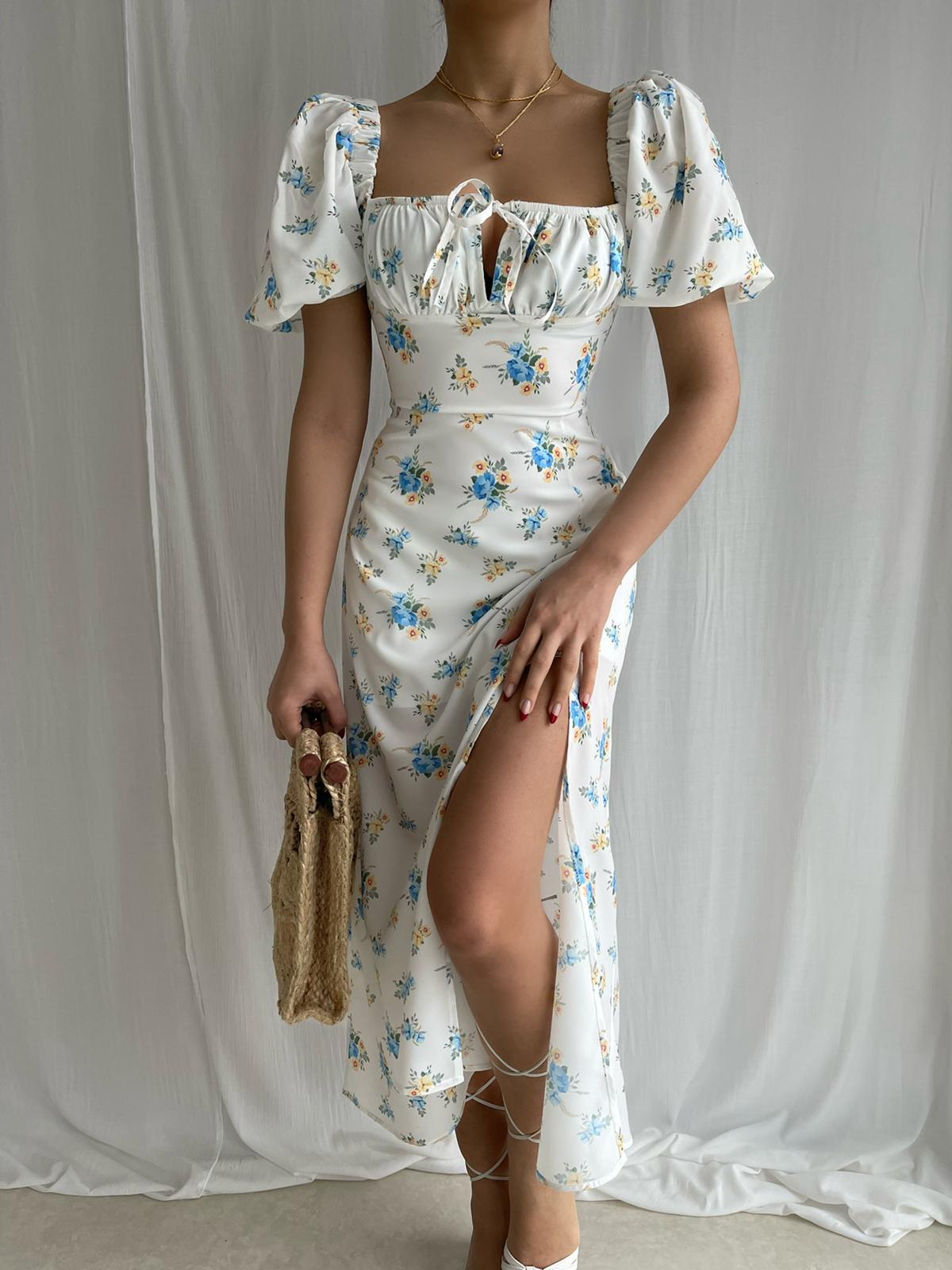 Aiertu - Puff Sleeve Floral Fields Maxi Dress Aiertu