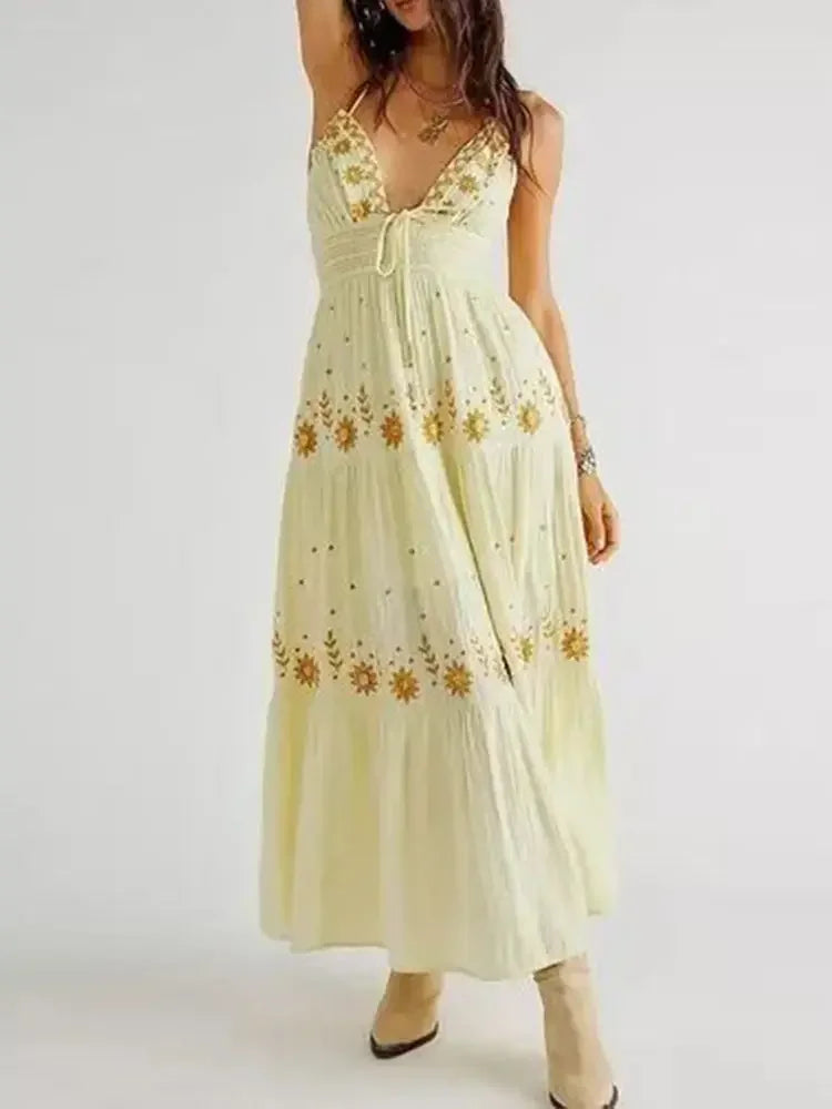 Aiertu  -  Summer Beach Print V-neck Sling Halter Dress Women Sexy Sleeveless Lace Up Backless Loose Vestidos Lady Holiday Casual Robe Aiertu