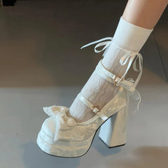 Aiertu  -    Platform High Heel Women's Mary Jane Shoes Fashion Butterfly-knot Shoes Spring Autumn Wedding Party Shoes Aiertu