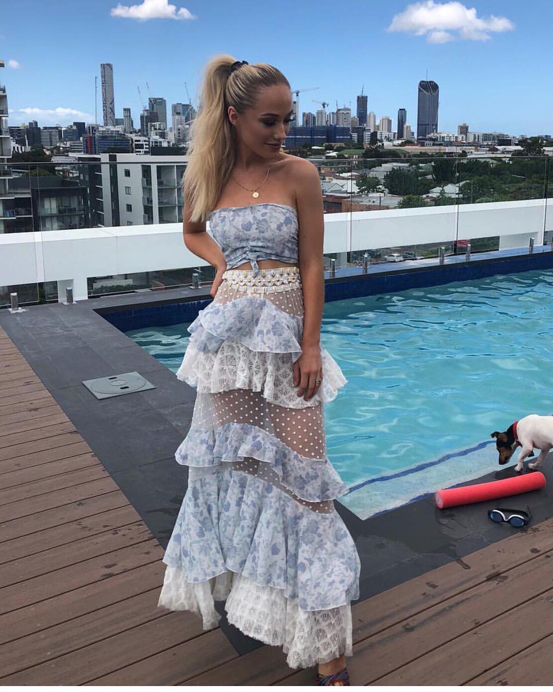 Aiertu  Blue floral lace ruffle long two piece suit evening gown party dress gh3011 shopify