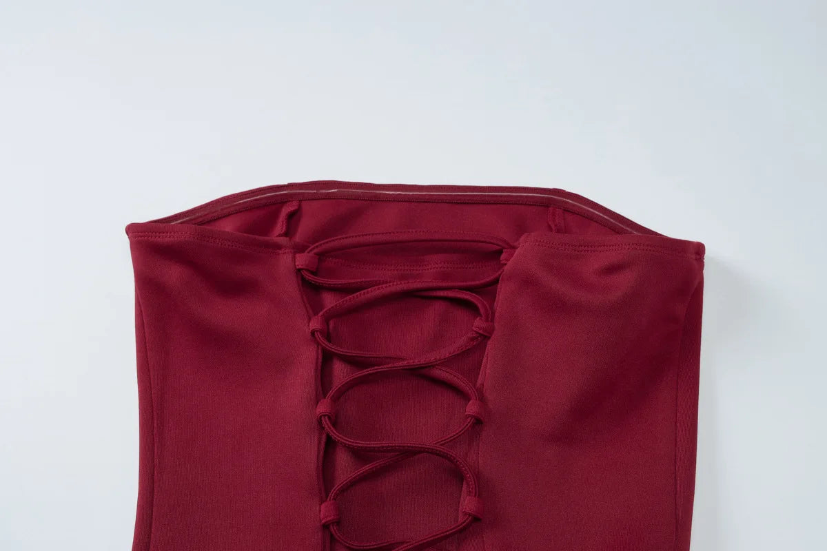 Aiertu  -  Sexy Strapless Ribbon Dress Women's Back Lace Up Spliced Long Evening Party Dress Slim Solid High Waist Elegant Clothes Aiertu