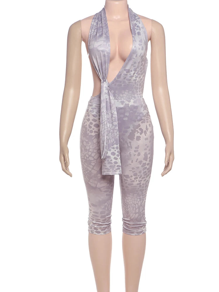Aiertu  Puss Leopard Print 2 Piece Set Women Backless Irregular Knot Halter Bodysuits+Stretch Shorts Street Matching Sexy Suits Aiertu