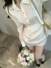 Aiertu - Elegant Shirt Dress Women Casual Long Sleeve Y2k Mini Dress Even Party Female Pure Color Autumn One Piece Dress Korean Chic Aiertu