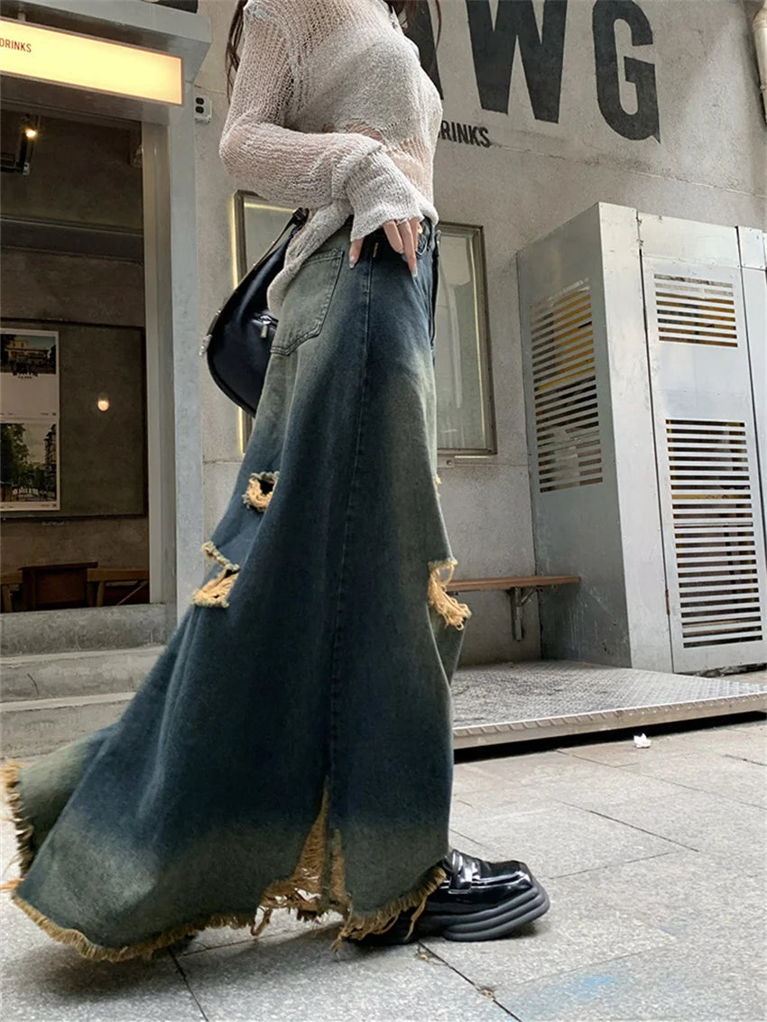 Aiertu  -  Women A-Line Skirts Mopping Denim Chic Autumn Stylish Office Lady High Street Vintage Mopping Jeanswear Slim Aiertu