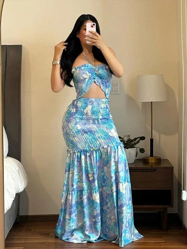Aiertu  -  Chic  Hollow Out Printed Halter Long Dress Women Backless Off Shoulder Patchwork Ruffle Summer 2026 Dresses Party Vacation Robe Aiertu