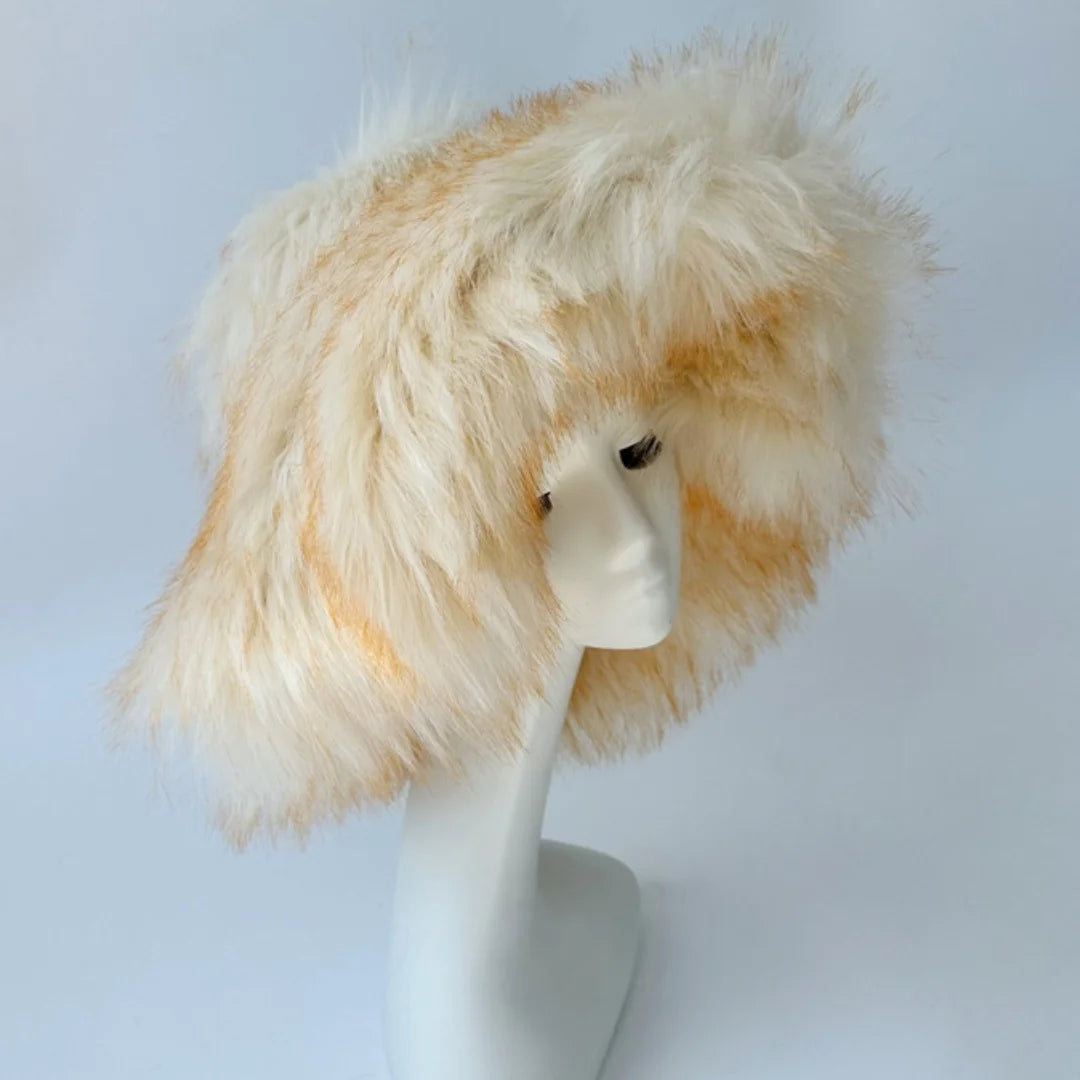 Aiertu  -  Luxury Fluffy Women Faux Fur Bucket Hats Oversized 17cm Wide Brim Thicken Outdoor Warm Plush Punk Hat Girl Y2k Female Ski Panama Aiertu