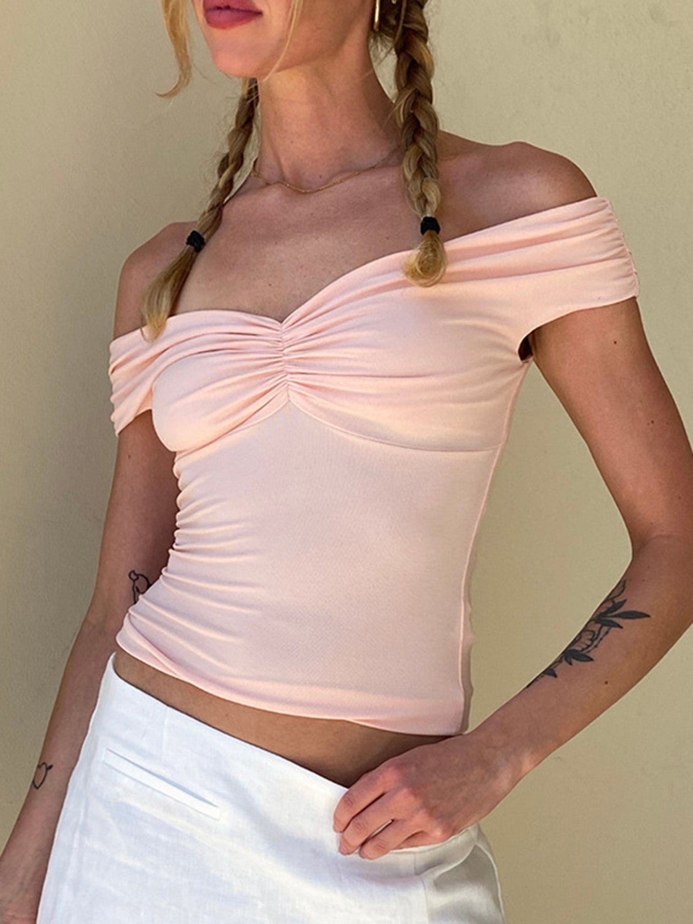 Aiertu - summer inspo Off Shoulder Solid Ruched V Neck Slim Basic Cropped Tee Shirt Women Aiertu