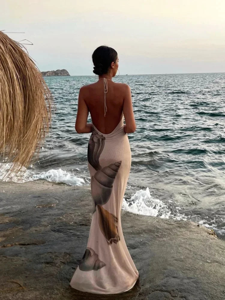 Aiertu  -  Elegant Backless Lace-up Print Long Dress For Women Fashion Off Shoulder Sleeveless Bodycon Maxi Dresses 2026 Lady Vocation Robe Aiertu