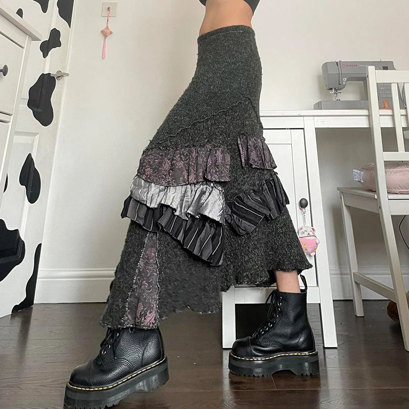 Aiertu  -  Irregular Ruffled Design Knitted Long Skirt Y2K Aesthetic Women Stylish Winter Skirts Vintage Chic High Street Outfit Aiertu