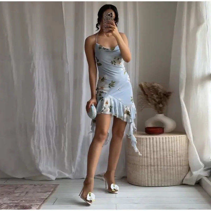 Aiertu  -  Sleeveless Flower Print Dress Woman 2025 Tulle Mini Dresses For Women Summer Backless Sexy Dress Elegant Party Dresses Aiertu