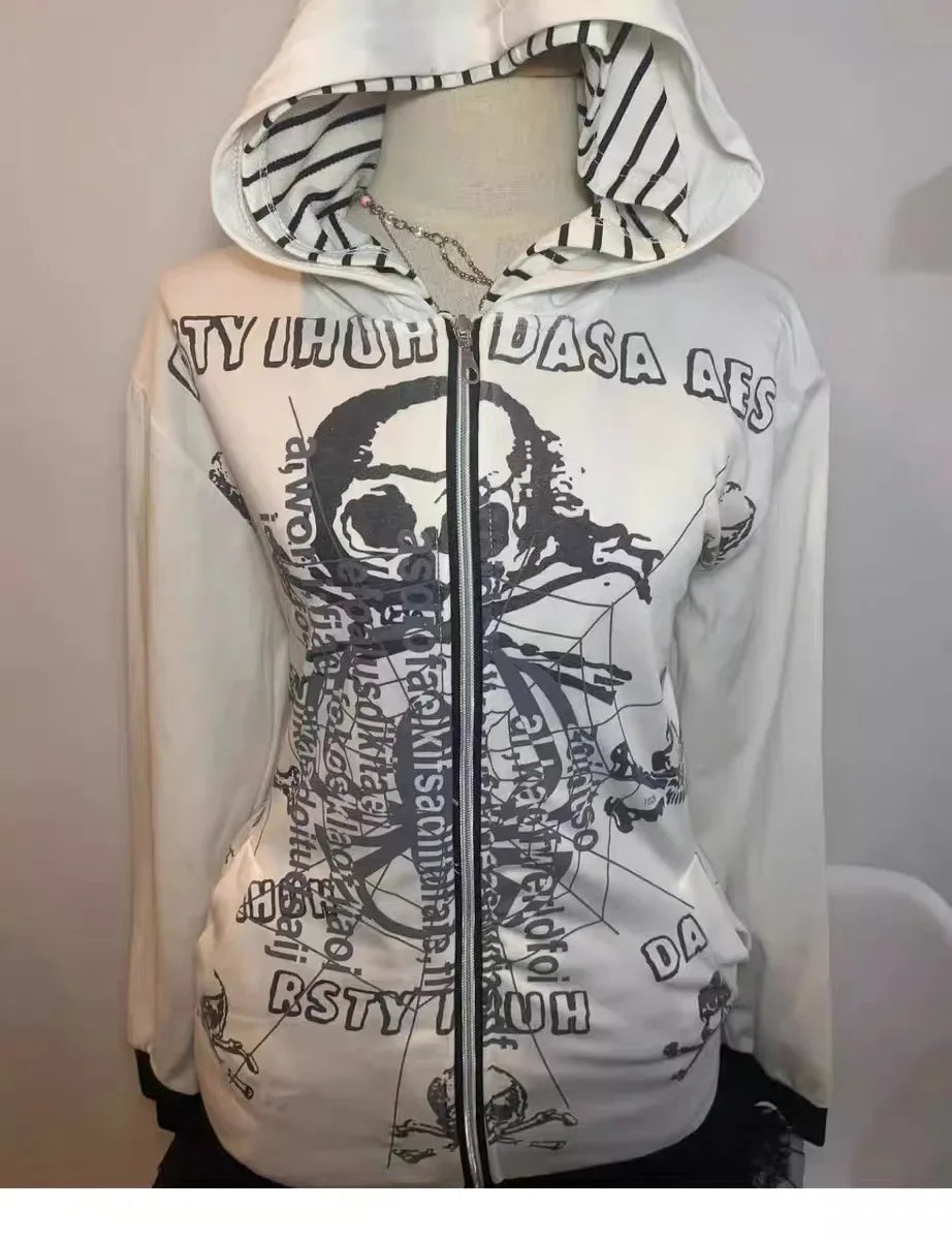 Aiertu  -  Gothic Personality American Skull Pattern Loose Zipper Hoodie Y2k Punk Retro Harajuku Slim Fit Versatile Warm Commuter Jacket Aiertu