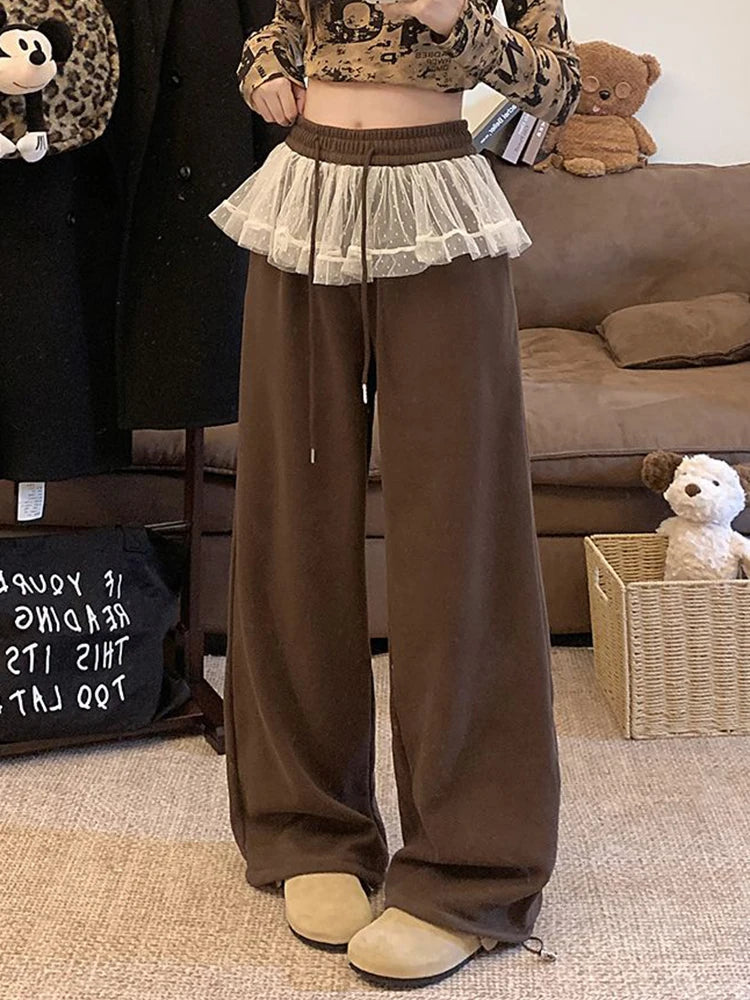 Aiertu  Lace Patchwork Sweet Pants Women Korean Fashion High Waist Loose Trousers Casual Design Lady Lace Up Spring Wide Leg Pants Aiertu