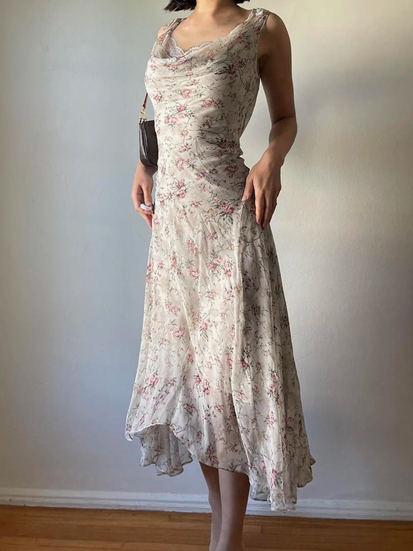 Aiertu  French Chic Elegant Flower Print Women Dress Lace Trim Ruched Slim Long Dress Summer New Clothes Aiertu