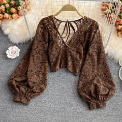 Spring Outfits Back To School Outfits Sexy Lace Hollow Out Blouse Women Summer V-Neck Puff Sleeve Backless Tops Casual Korean Slim Lace Up Solid White Crop Tops Aiertu