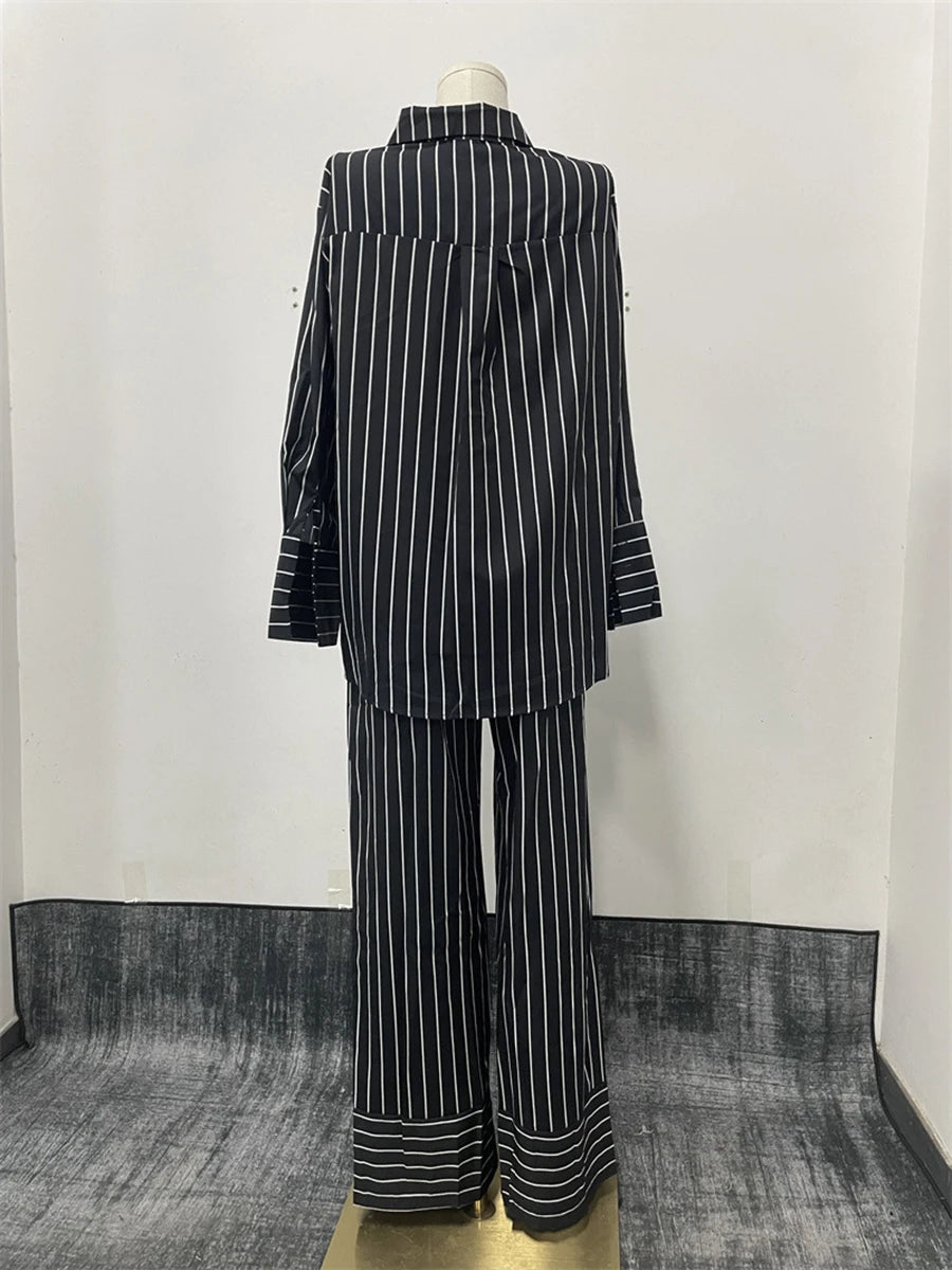 Aiertu  -  Black Striped Pants Sets Women Spring Single Breasted Long Sleeve Blouse+Wide Trouser Suits Elegant Casual Fashion 2 Piece Set Aiertu