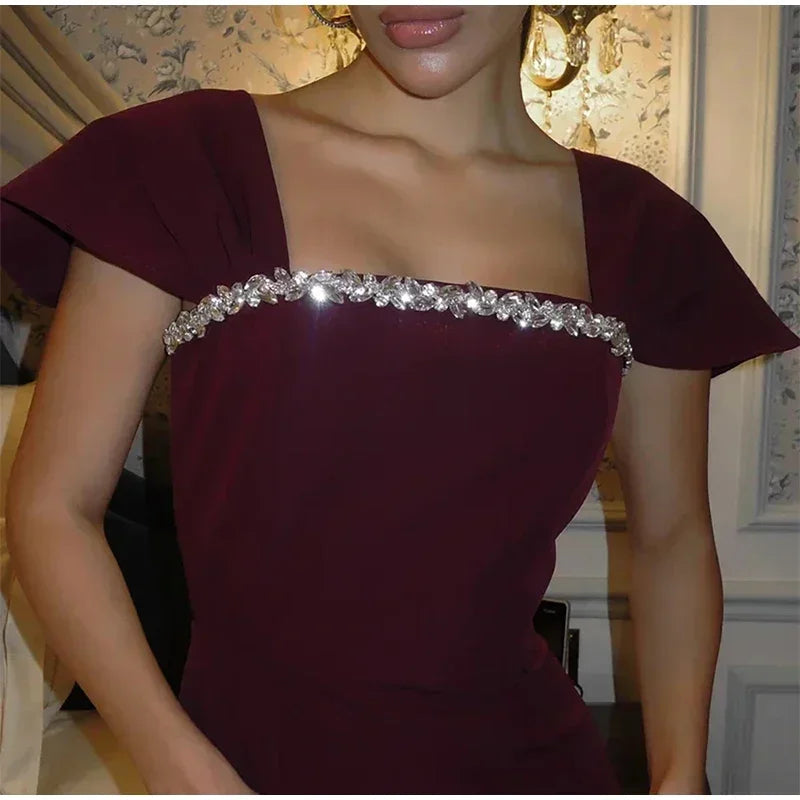 Aiertu  -  Rhinestone Solid Women Dresses Slim Square Collar Female Mini Dress 2025 Sexy Fashion Flying Sleeve Summer Lady Cocktail Robes Aiertu