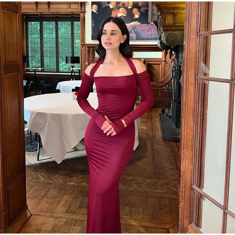 Aiertu  -  Sexy Solid Women Halter Dress Off Shoulder Long Sleeve Backless Slim Female Maxi Dresses 2025 Spring New Chic Elegant Lady Robe Aiertu