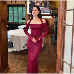 Aiertu  -  Sexy Solid Women Halter Dress Off Shoulder Long Sleeve Backless Slim Female Maxi Dresses 2025 Spring New Chic Elegant Lady Robe Aiertu
