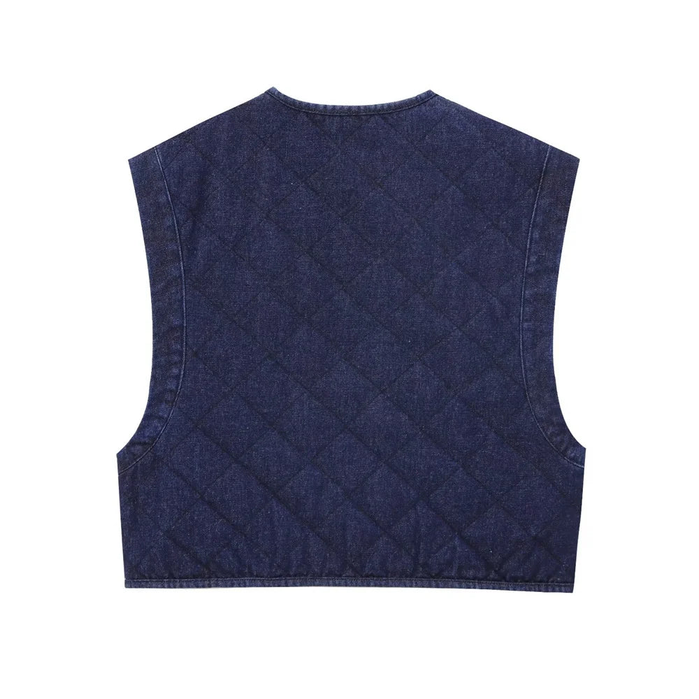 Aiertu  -  Casual Solid Denim Cotton Vest for Women 2024 Autumn Winter V-Neck Sleeveless Short Tops Female Waistcoat Streetwear Aiertu