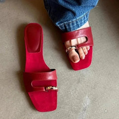 Aiertu  -  Popular Design Women Slippers Casual Non-slip Outside Sandals Low-heels Shoes Metal Buckle Split Toe Beautiful Flats Aiertu