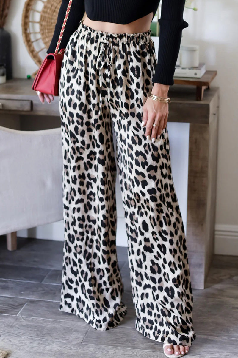 Aiertu  -Casual Leopard Pocket Lace Up Loose High Waist Wide Leg Full Print Bottoms aiertu