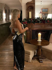 Aiertu  -  Elegant Bow Decoration Glossy Sequins Long Dress Women Off Shoulder Backless High Waist Robes 2026 Elegant Lady New Party Gowns Aiertu