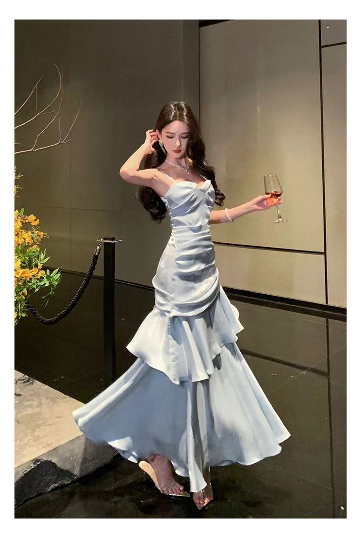 Aiertu  Vintage Long Dress Women Party Prom Sexy Spaghetti Strap Maxi Dresses Elegant Ruffles Robe Summer Korean Bodycon Vestidos Aiertu