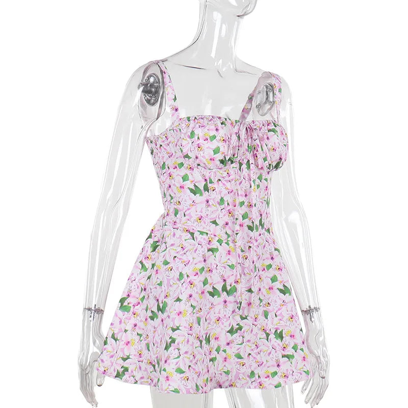 Aiertu  -  Pink Floral Printed Slip Dress Women Summer Sexy Sleeveless A-line High Waist Short Dresses Vacation Beach Sundress 2025 New Aiertu