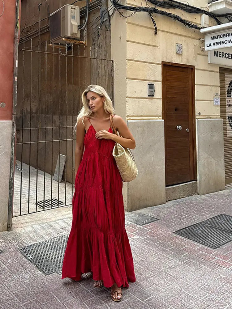 Aiertu  -  Pleated Halter Maxi Dress Women Large Skirt Hem Suspender Sexy Slimming Loose Camisole Robes Vacation Women Maxi Beach Dresses Aiertu