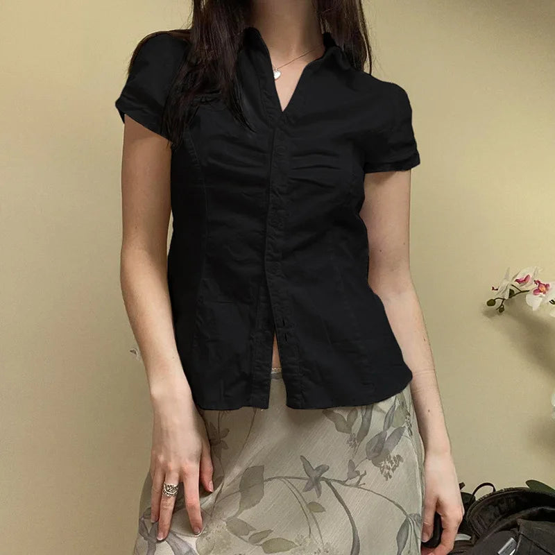 Aiertu  -  Y2k Aesthetic Pleated Puff Sleeve Women Blouse Sexy Single Breasted Slim Grunge Solid Shirt Harajuku Crop Streetwear Blusas Aiertu