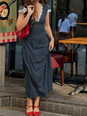 Aiertu  Fashion Dot Print Lace Trim V-Neck Women Elegant Dresses Summer Causal Design Trendy Frocks Aiertu