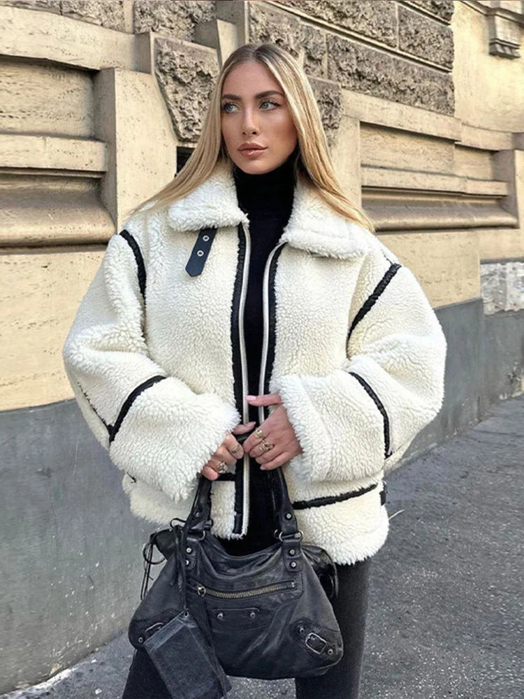 Aiertu  -  Women Plush Zipper Jacket Solid Patchwork Long Sleeve Lapel Motorcycle Coat Casual Autumn Winter Female Street Warm Outerwear Aiertu