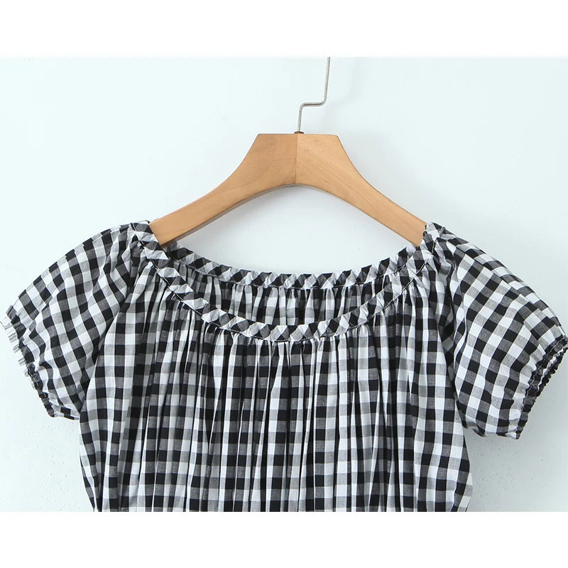 Aiertu  -  Vintage  Women Black White Plaid Dresses Short Sleeve O Neck Slim Waist A-line Mini Casual Summer Dress Aiertu