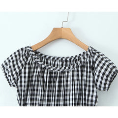 Aiertu  -  Vintage  Women Black White Plaid Dresses Short Sleeve O Neck Slim Waist A-line Mini Casual Summer Dress Aiertu