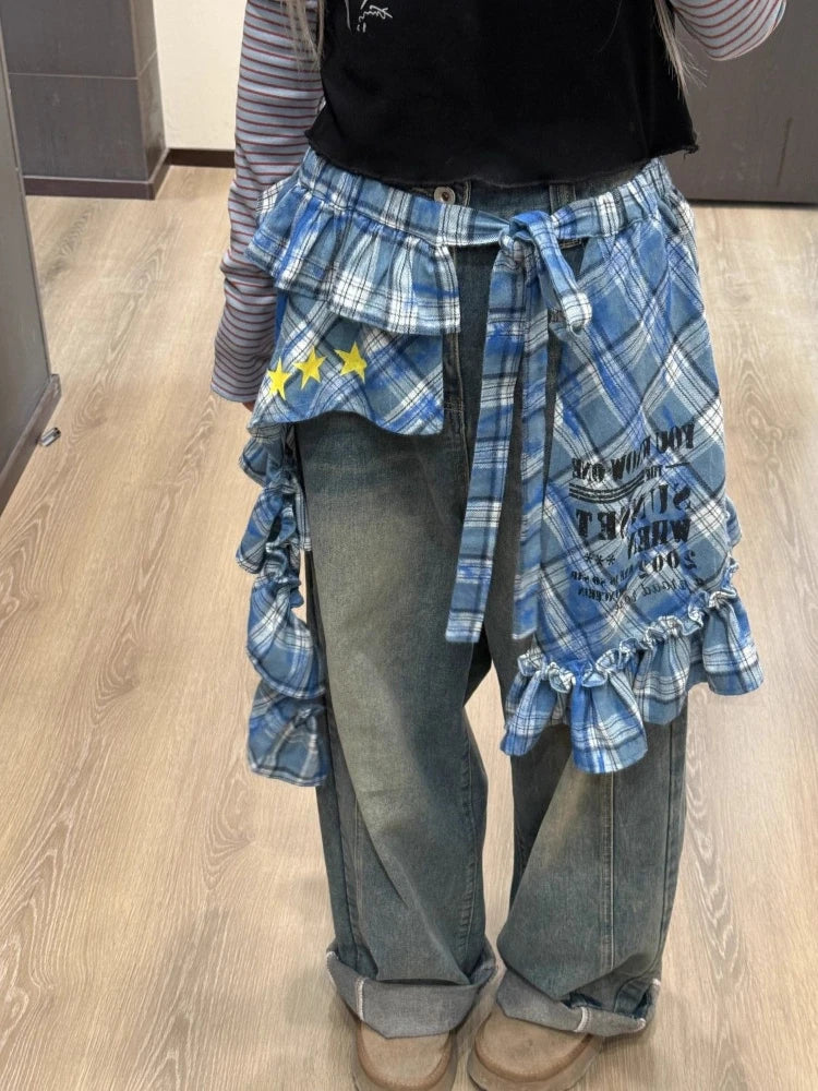 Aiertu  -  Y2k Aesthetic Plaid Irregular Ruffled Skirts Vintage Women Streetwear Letter Print Faldas Harajuku Grunge Casual Bandage Skirt Aiertu