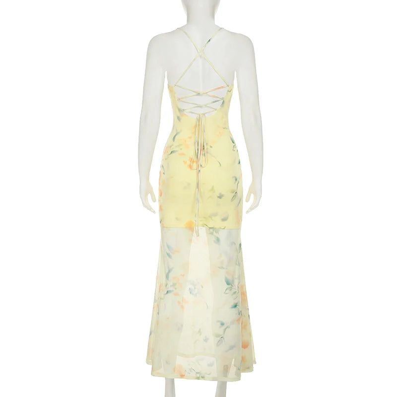 Aiertu  -  Holiday Floral Trumpet Dress Beach Style Sexy Slim Lace V-Neck Sleeveless Maxi Dresses For Women 2026 Summer Fashion Aiertu