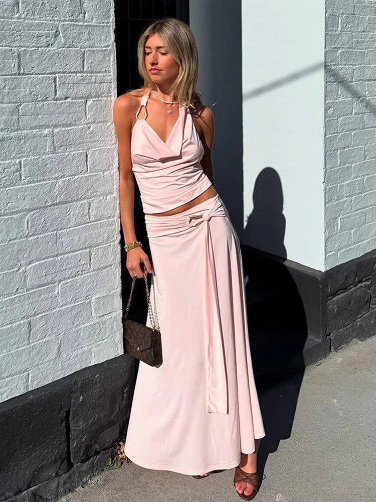 Aiertu  -  Folds Temperament 2-Piece Set Women Metal Rings Low-Neck Backless Sleeveless Tops+Streamers Long Skirts Matching Suits Aiertu