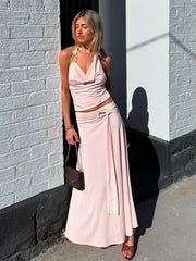 Aiertu  -  Folds Temperament 2-Piece Set Women Metal Rings Low-Neck Backless Sleeveless Tops+Streamers Long Skirts Matching Suits Aiertu