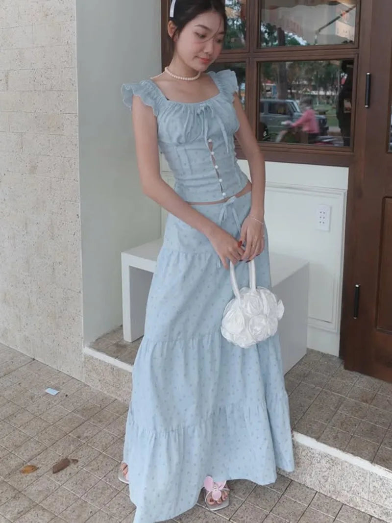 Aiertu  -  Floral Print Two Piece Set Woman Smocked Crop Top and Long Skirts Sets Shoujo Girl Style Vacation Outfits P67-GZ41 Aiertu