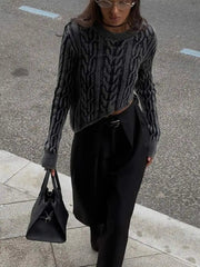 Aiertu  -  Fashion Cable Solid Irregular Hem Cropped Knitted Pullovers Women O-neck Long Sleeved Sweaters 2026 Autumn Female Warm Jumpers Aiertu