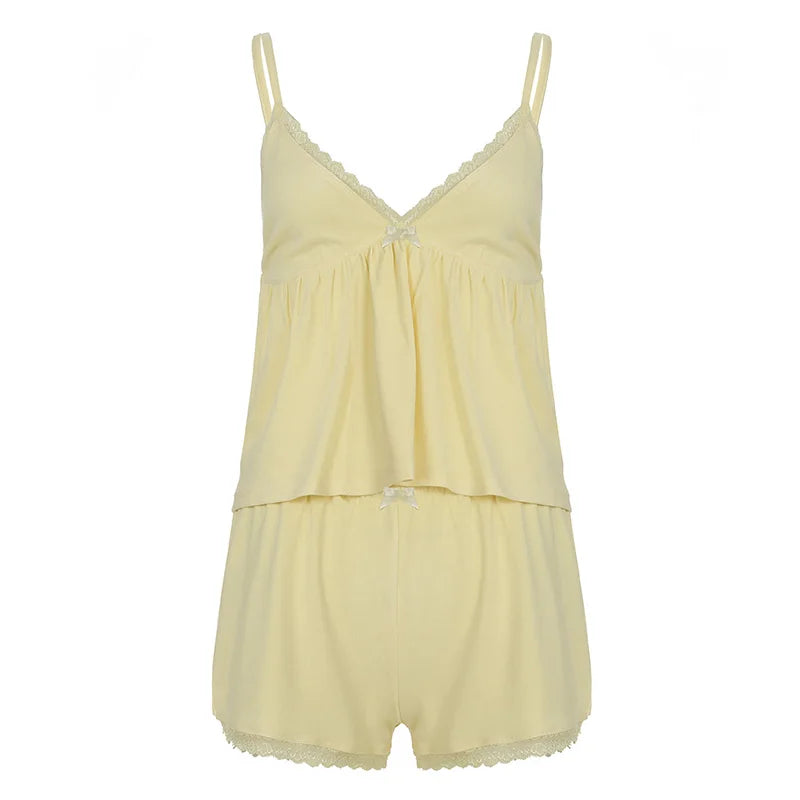 Aiertu  -  Lace Patchwork Solid Backless Two-piece Set Sleeveless Halter Vacation Sexy Sweet Suit Deep V-neck Summer Twinset Aiertu