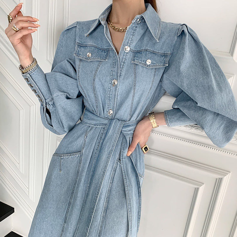 Aiertu - French Retro Temperament Port Style Denim Dress Aiertu