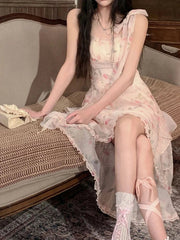 Aiertu  -  French Elegant Fairy Print Dress Women Casual Even Party Irregular Sleeveless Midi Dress Female Vintage Y2k Floral Summer Aiertu