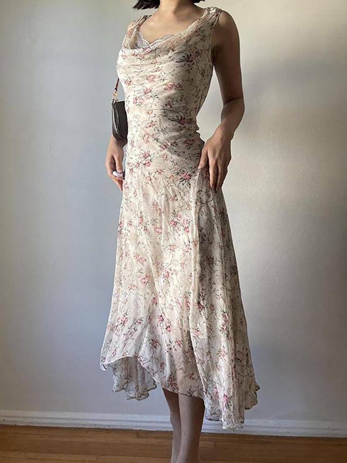 Aiertu  -Floral Print Asymmetrical Lace Trim Maxi Dress aiertu