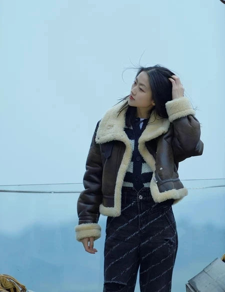 Aiertu  -   New Autumn Winter Women Faux Lamb Fur Short Jacket Vintage Female Moto Biker Zipper Thick Warm Coat Fleece Outwear Aiertu