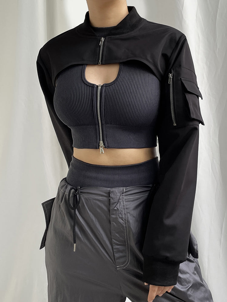 Aiertu - summer inspo Zip Up Stand Collar Long Sleeve Black Cropped Jackets Women Pocket Safari Style Streetwear Aiertu