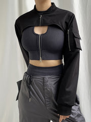Aiertu - summer inspo Zip Up Stand Collar Long Sleeve Black Cropped Jackets Women Pocket Safari Style Streetwear Aiertu