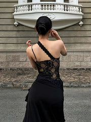 Aiertu  -  Slanted Shoulder Strap Halter Dress Lace Suspender Irregular Splicing Perspective Backless Camisole Robes High Slit Long Dresses Aiertu